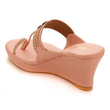 Pink Laser Cut Faux Leather Kolhapuri Wedges For Women By Trends & Trades  3