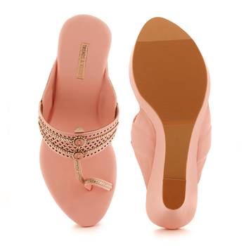 Pink Laser Cut Faux Leather Kolhapuri Wedges For Women By Trends & Trades  4