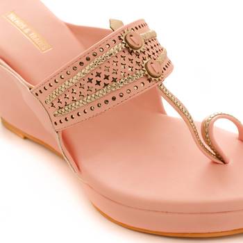 Pink Laser Cut Faux Leather Kolhapuri Wedges For Women By Trends & Trades  5