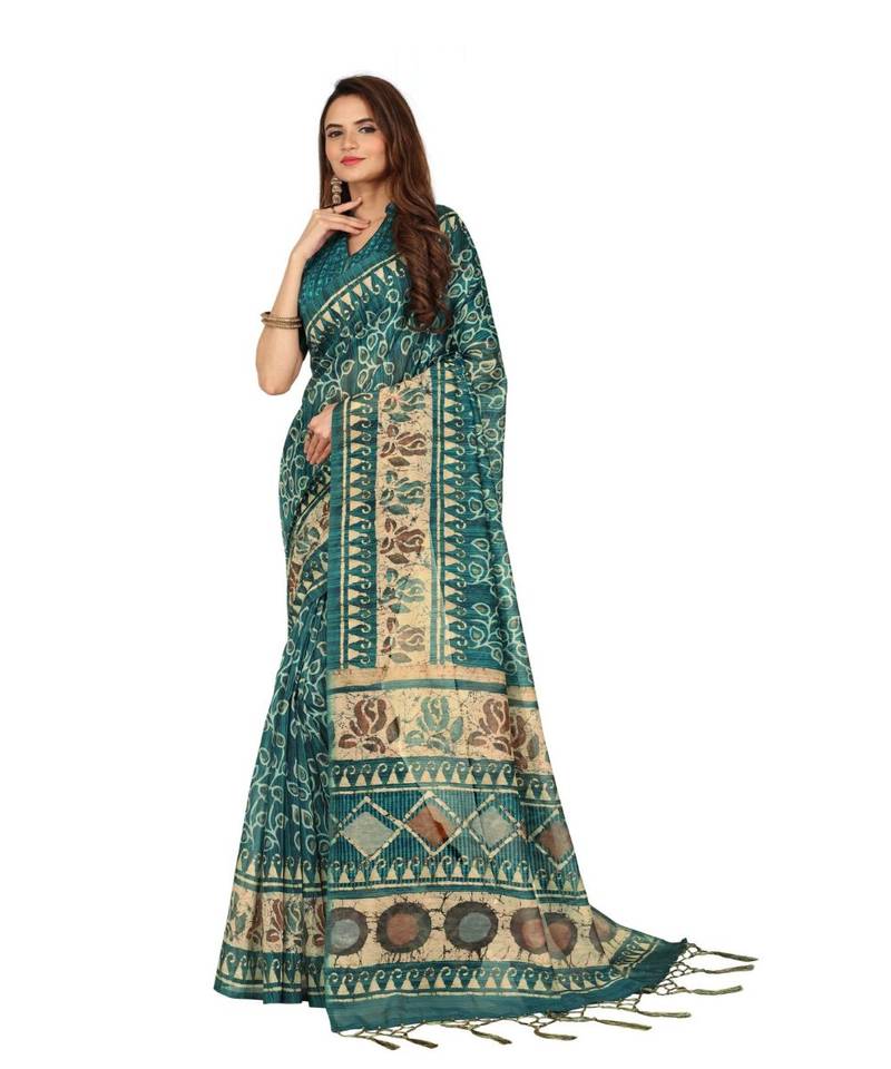 Touch Trends Aqua Color Chanderi Silk Digital Printed Saree