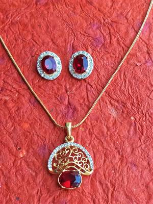 RozMili latest Designer American Diamond silver Red stone pendant set with earrings for women and  Girls 5