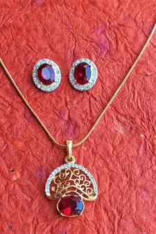 RozMili latest Designer American Diamond silver Red stone pendant set with earrings for women and  Girls