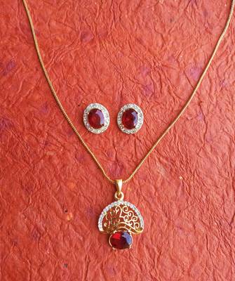RozMili latest Designer American Diamond silver Red stone pendant set with earrings for women and  Girls 6