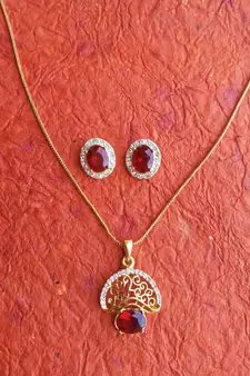 RozMili latest Designer American Diamond silver Red stone pendant set with earrings for women and  Girls