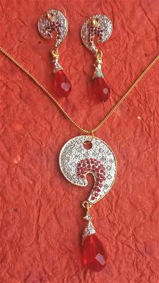 RozMili latest Designer American Diamond silver Red stone pendant set with earrings for women and  Girls 4