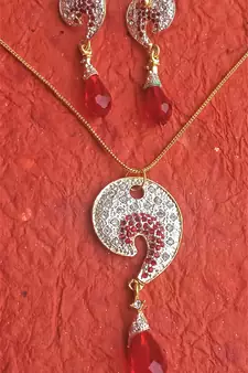 RozMili latest Designer American Diamond silver Red stone pendant set with earrings for women and  Girls