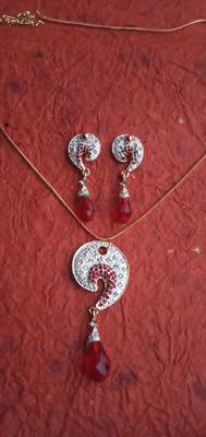 RozMili latest Designer American Diamond silver Red stone pendant set with earrings for women and  Girls 5