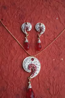 RozMili latest Designer American Diamond silver Red stone pendant set with earrings for women and  Girls