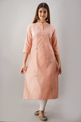 Peach Colored Designer Woven Cotton Fabric Kurti With Adda Work Allover 1