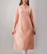 Peach Colored Designer Woven Cotton Fabric Kurti With Adda Work Allover