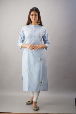Blue Colored Designer Woven Cotton Fabric Kurti With Adda Work Allover 1