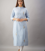 Blue Colored Designer Woven Cotton Fabric Kurti With Adda Work Allover