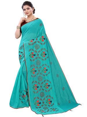 Aqua blue embroidered poly cotton saree with blouse 1