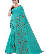 Aqua blue embroidered poly cotton saree with blouse