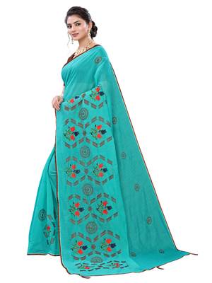 Aqua blue embroidered poly cotton saree with blouse 2