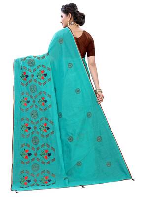 Aqua blue embroidered poly cotton saree with blouse 3
