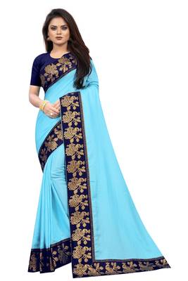 Sky Blue Vichitra Silk Jacquard Lace Saree With blouse Piece. 1
