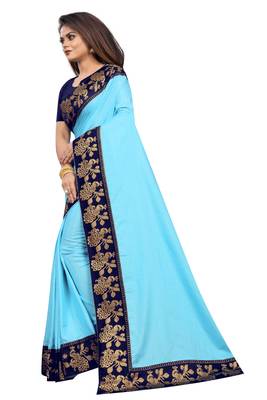Sky Blue Vichitra Silk Jacquard Lace Saree With blouse Piece. 2