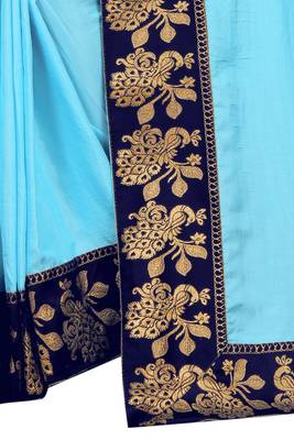 Sky Blue Vichitra Silk Jacquard Lace Saree With blouse Piece. 3