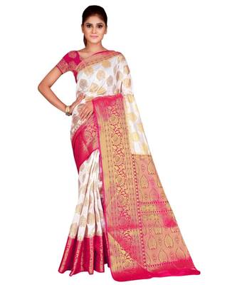 white  Banarasi Silk Jacquard Saree With Blouse Piece 1