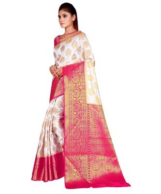 white  Banarasi Silk Jacquard Saree With Blouse Piece 2