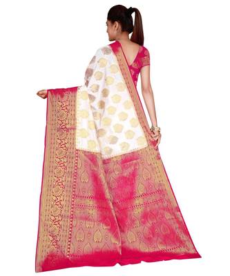 white  Banarasi Silk Jacquard Saree With Blouse Piece 3