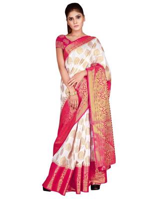 white  Banarasi Silk Jacquard Saree With Blouse Piece 4