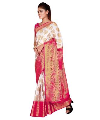 white  Banarasi Silk Jacquard Saree With Blouse Piece 5
