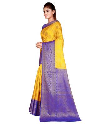 yellow  Banarasi Silk Jacquard Saree With Blouse Piece 2