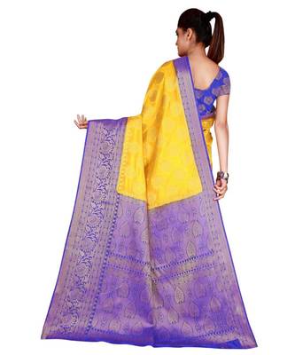 yellow  Banarasi Silk Jacquard Saree With Blouse Piece 3