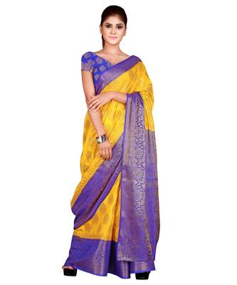 yellow  Banarasi Silk Jacquard Saree With Blouse Piece 4