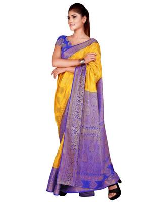 yellow  Banarasi Silk Jacquard Saree With Blouse Piece 5