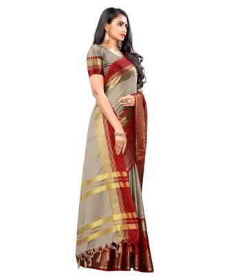 Prijari Khaki Banarasi Art Silk saree With Blouse Piece (Khaki) 4