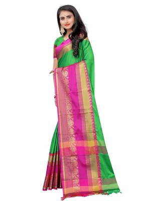 Prijari Green Banarasi Art Silk saree With Blouse Piece (Green) 2
