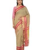 Beige Plain Cotton Silk Saree With Blouse