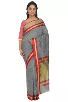 Grey Plain Cotton Silk Saree With Blouse