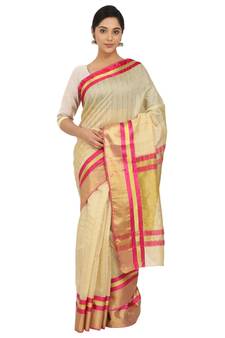 Cream Plain Cotton Silk Saree With Blouse