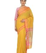 Yellow Plain Cotton Silk Saree With Blouse