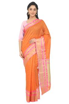 Orange Plain Cotton Silk Saree With Blouse