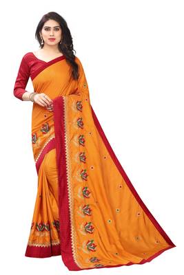 Mustar Vichitra Silk Embriodered Saree With Lace and Blouse Piece. 1