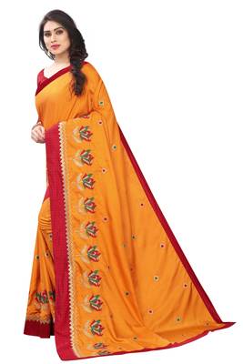 Mustar Vichitra Silk Embriodered Saree With Lace and Blouse Piece. 2