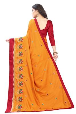 Mustar Vichitra Silk Embriodered Saree With Lace and Blouse Piece. 3