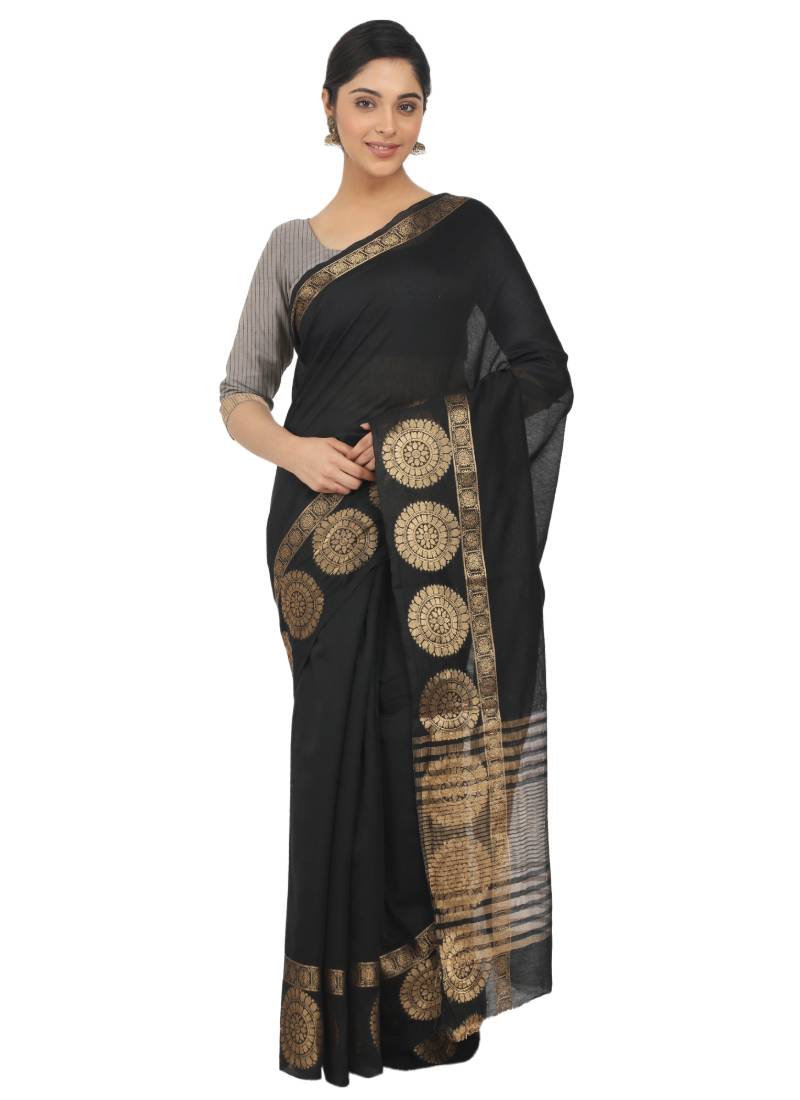 Black woven cotton silk saree with blouse