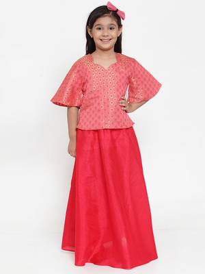 Baani Pink Self Design Choli with Red Solid Lehenga Set 1
