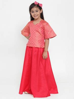 Baani Pink Self Design Choli with Red Solid Lehenga Set 2