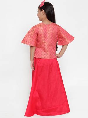Baani Pink Self Design Choli with Red Solid Lehenga Set 4