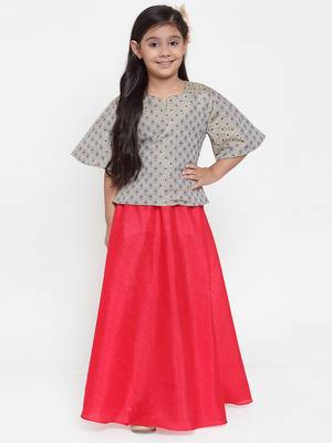 Baani Grey Self Design Choli with Red Solid Lehenga Set 1