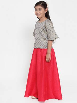 Baani Grey Self Design Choli with Red Solid Lehenga Set 2
