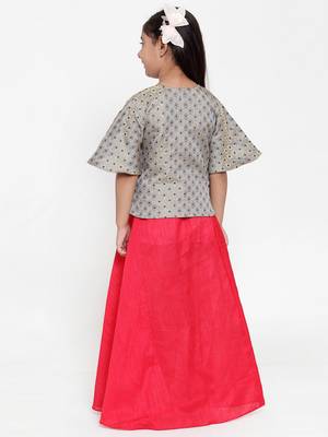 Baani Grey Self Design Choli with Red Solid Lehenga Set 4