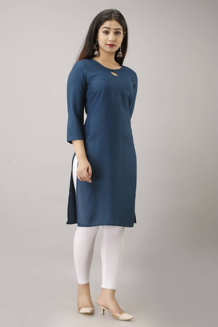 UseCart WOMEN SOLID STRAIGHT RAYON KURTA AND KURTI SEA BLUE